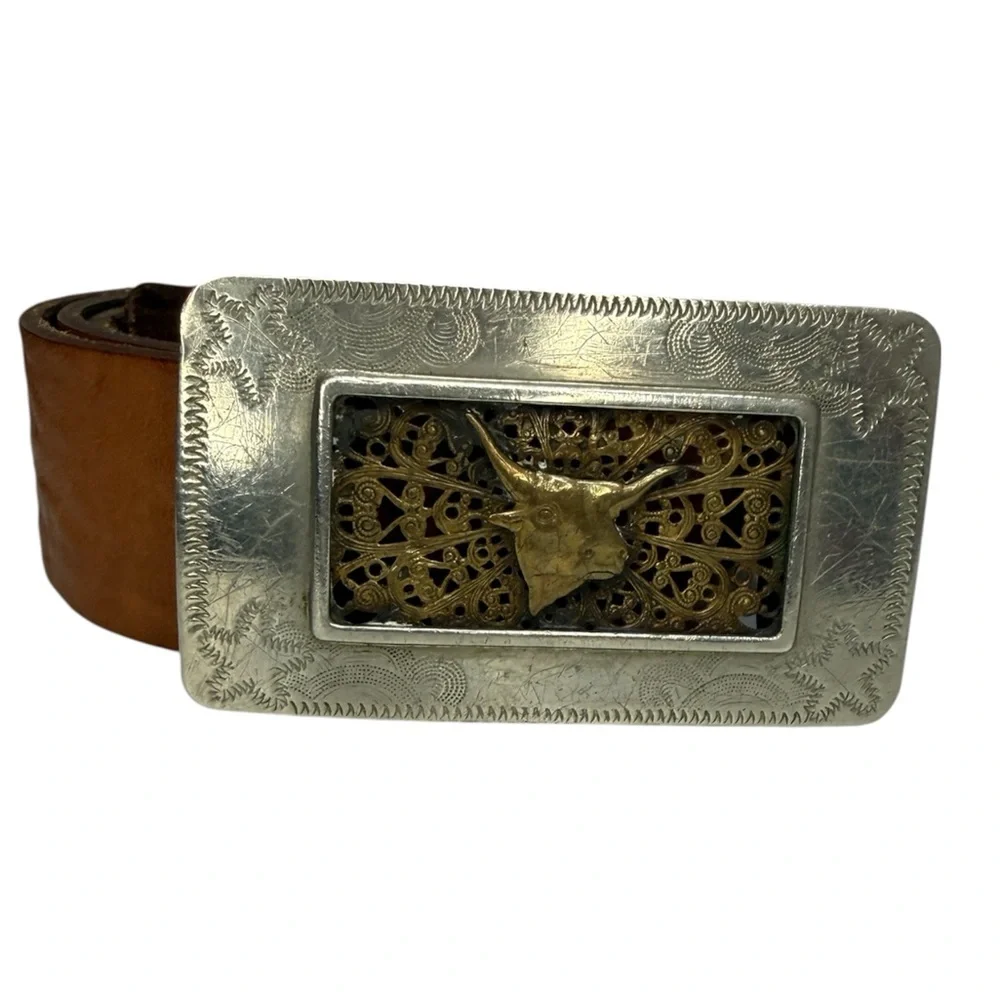 Art Deco Nickel Silver and Copper Belt Buckle & Italian Leather Belt